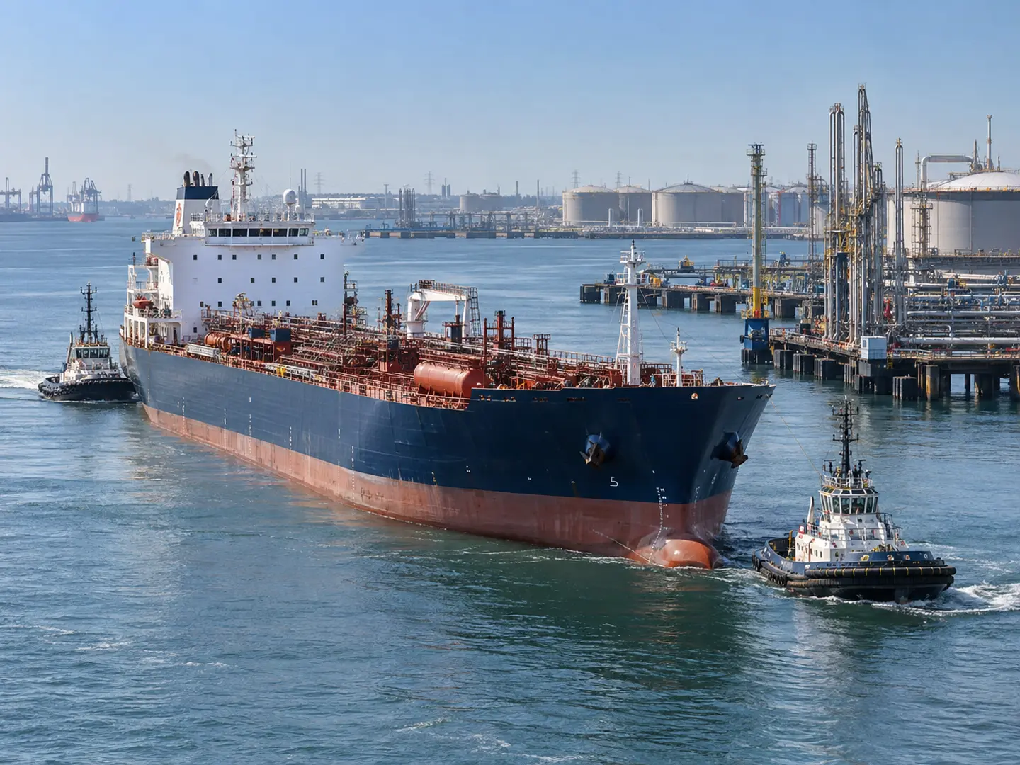 Large tanker escorted by tugs near an oil terminal