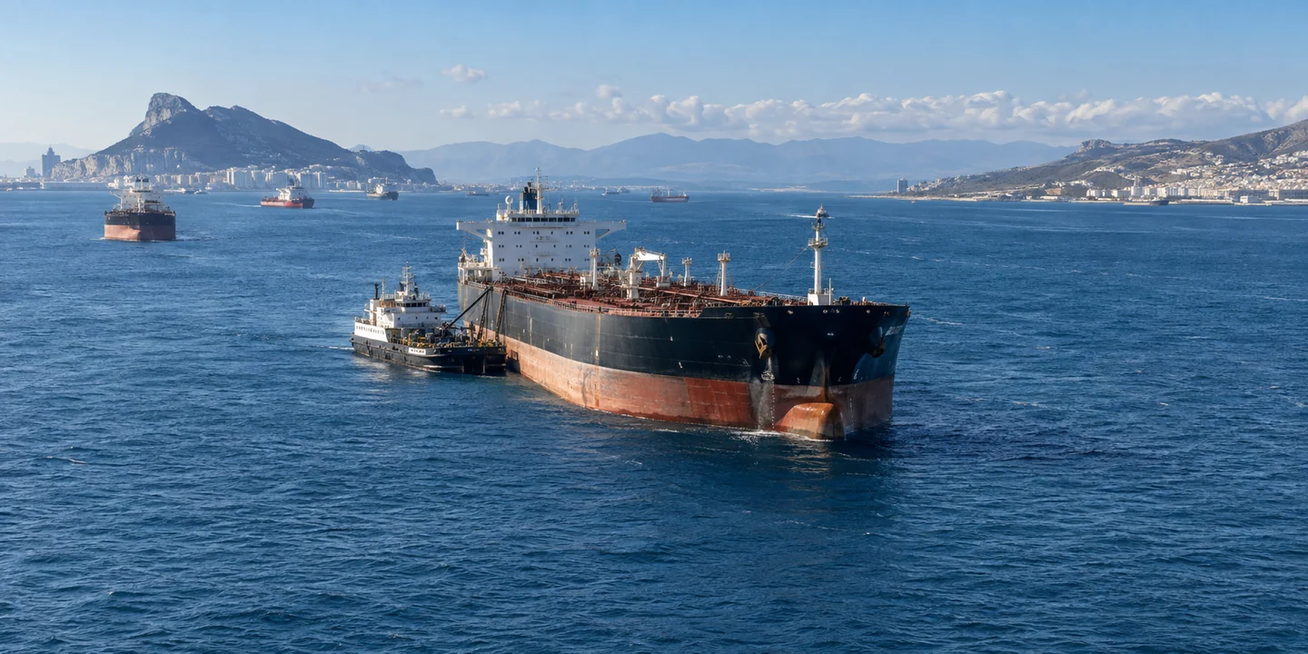 Tanker and service craft in open water with rocky coasts and other ships beyond