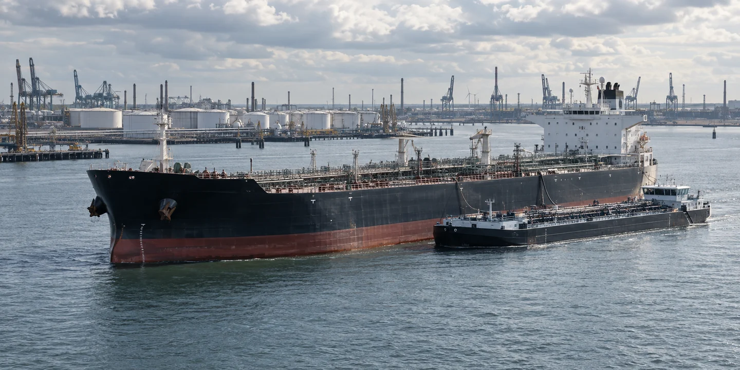 Tanker beside a bunker barge in an industrial channel lined with tanks and cranes