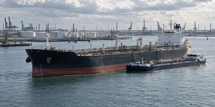 Tanker beside a bunker barge in an industrial channel lined with tanks and cranes