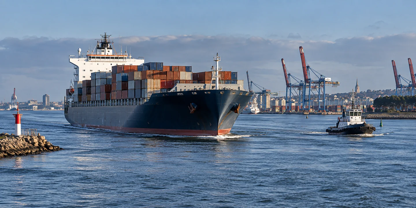 Container ship entering a harbor with a service craft and container cranes behind
