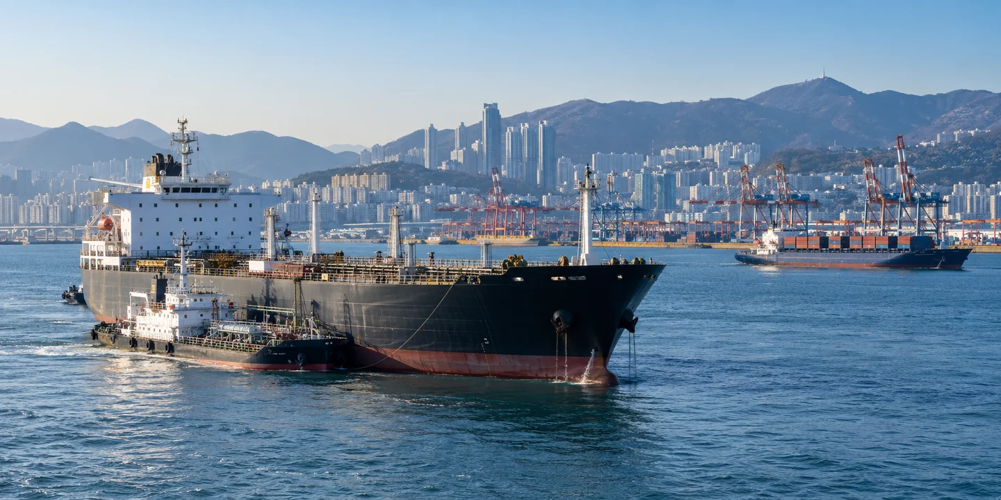 Bunker barge alongside a bulk carrier, with harbor cranes and high-rise buildings beyond