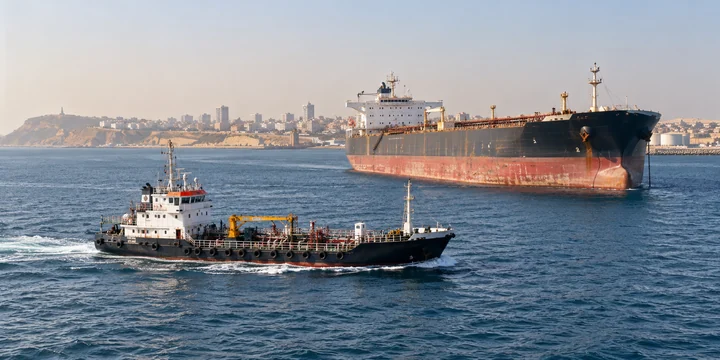 Bunker barge in the foreground and a tanker offshore against a built-up coast