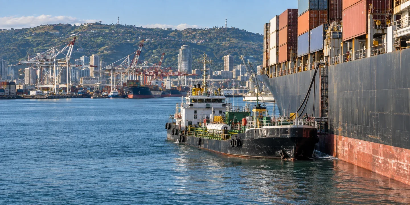 Bunker barge alongside a container ship, with harbor cranes and green hills behind