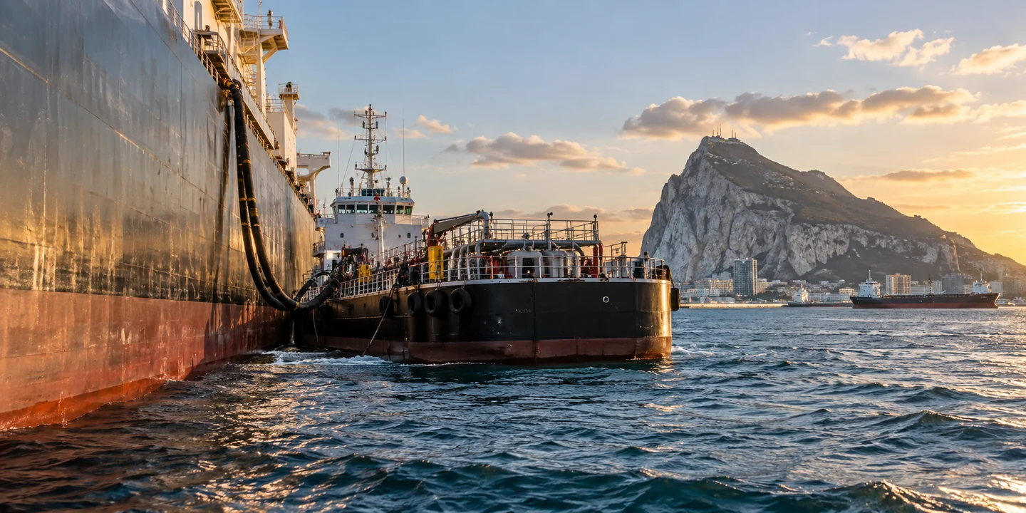 Bunker barge beside a ship’s hull, with fuel hoses and a rocky headland beyond