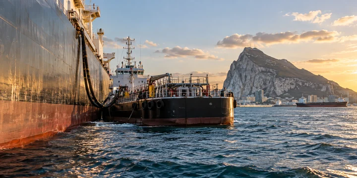Bunker barge beside a ship’s hull, with fuel hoses and a rocky headland beyond