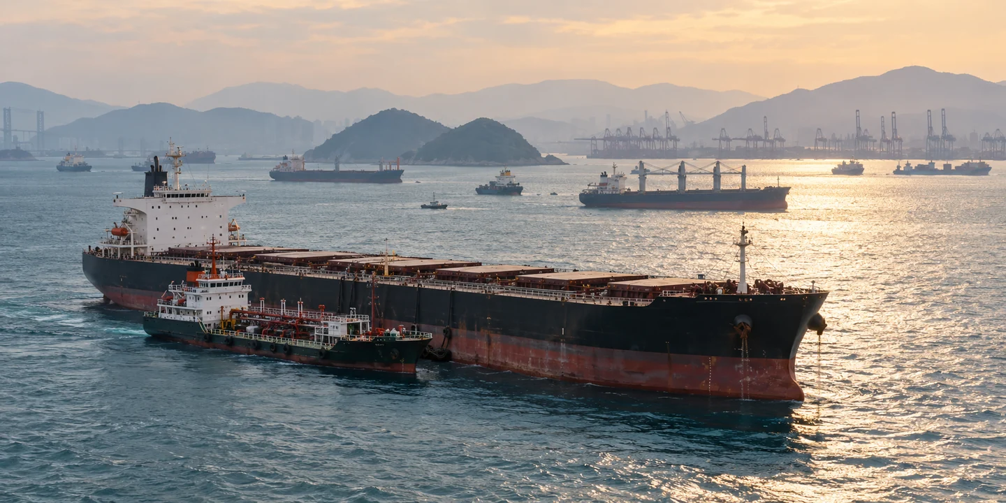 Bunker barge alongside a bulk carrier among islands and ships in hazy sunset light