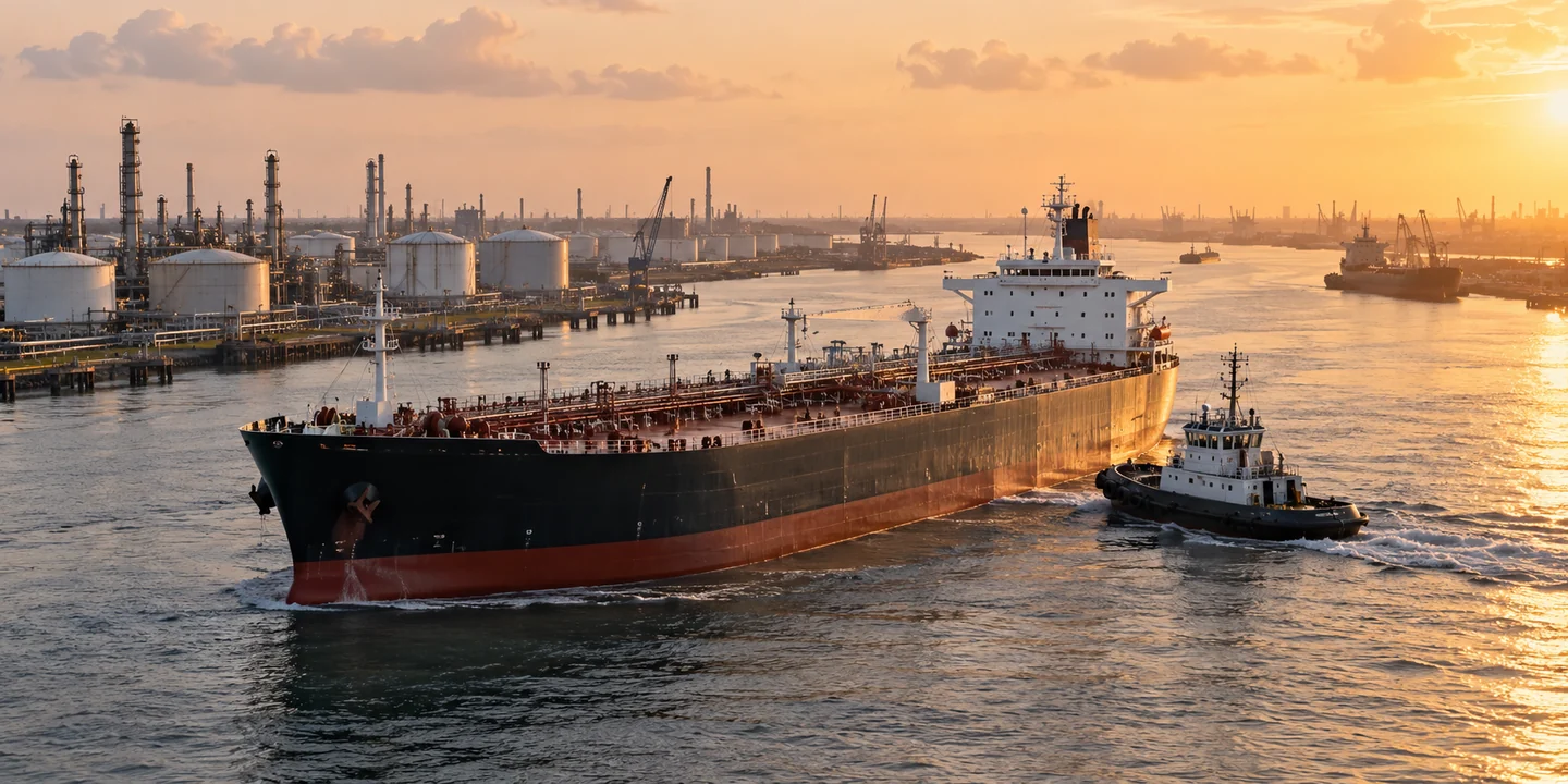 Tanker and tug on an industrial waterway lined with tanks and refinery towers