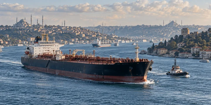 Tanker passing a service boat on a busy strait with minarets across the hills