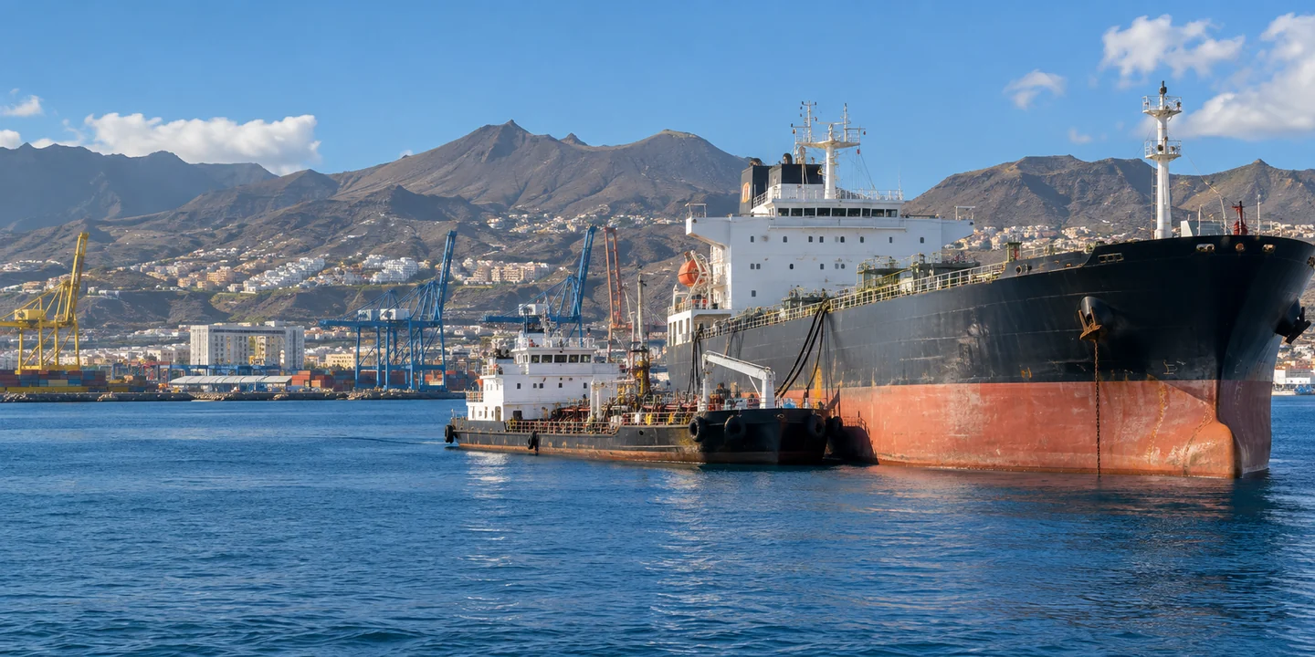 Bunker barge alongside a tanker near cranes and bare volcanic hills