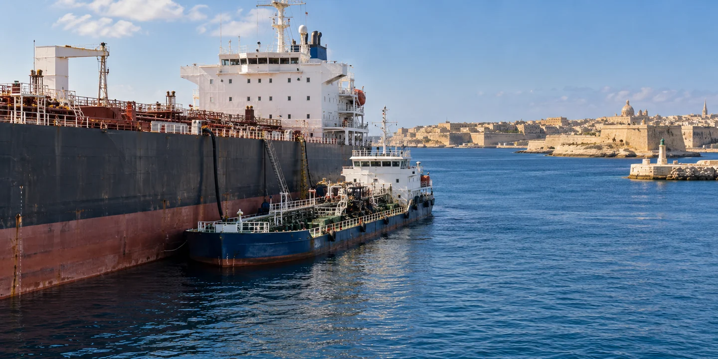 Bunker barge alongside a tanker near stone fortifications and a harbor beacon