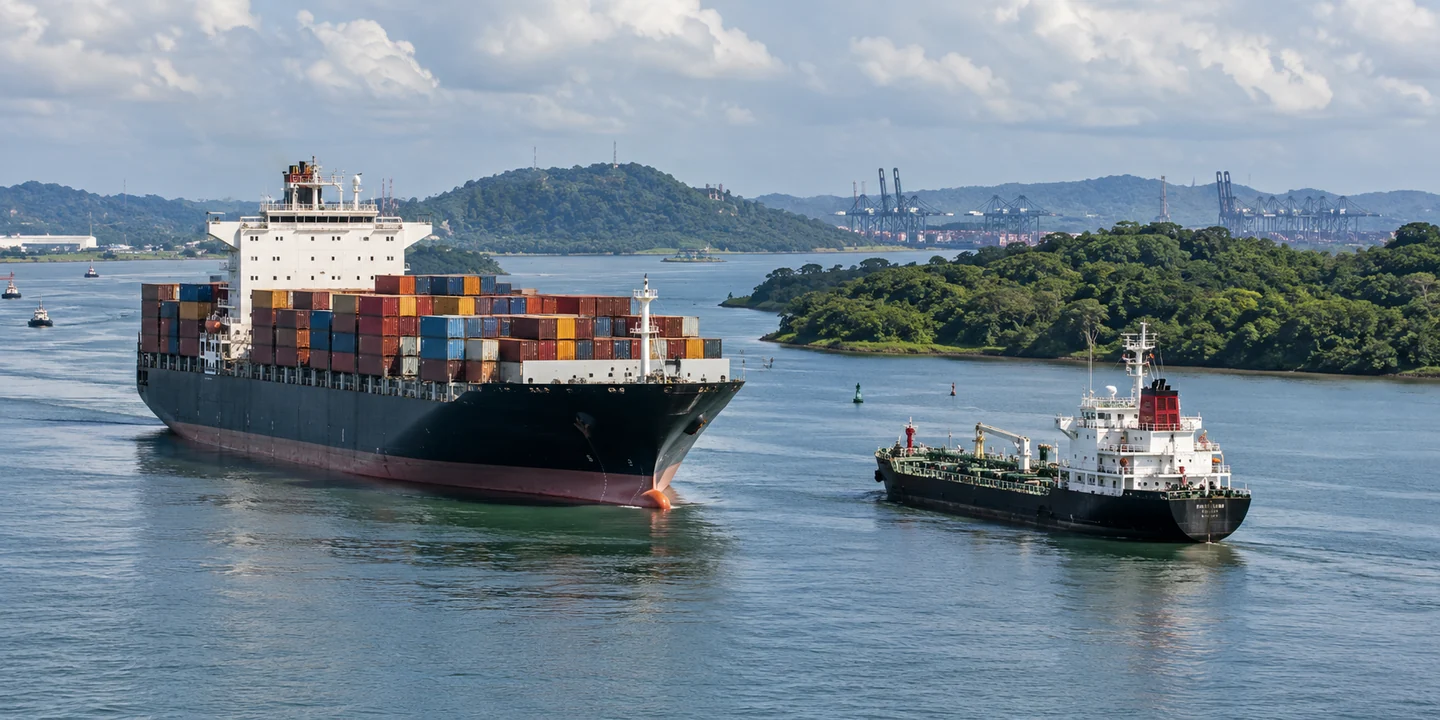 Container ship and service craft in a green coastal channel with port cranes behind