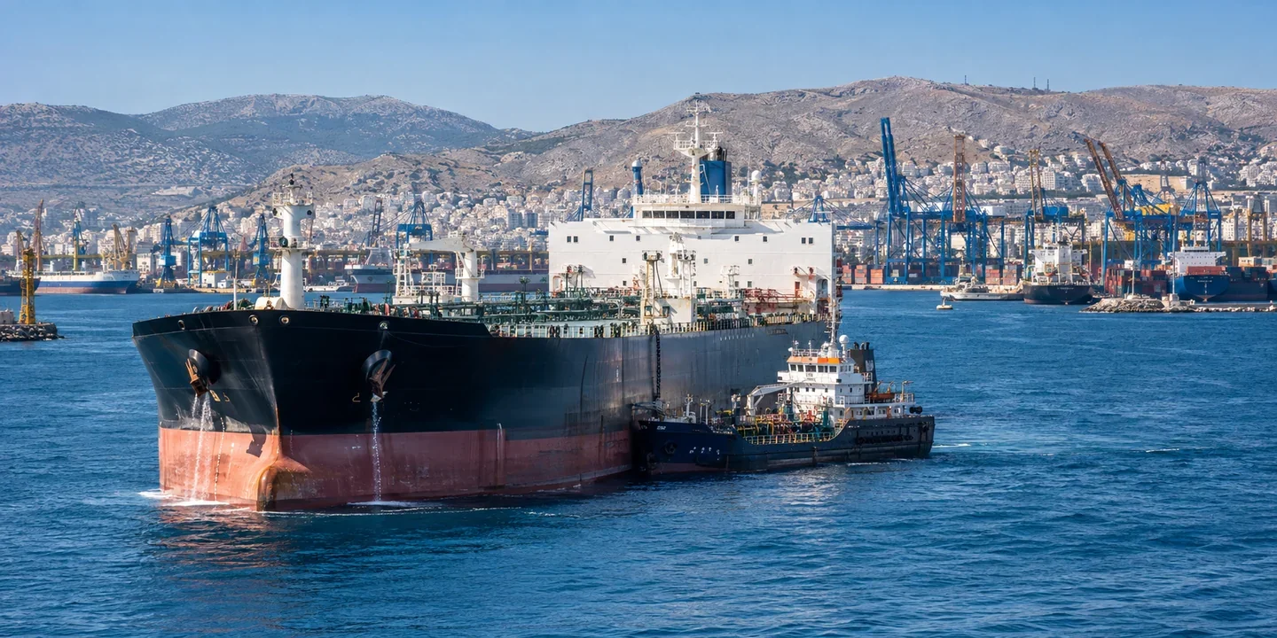 Tanker with a service craft alongside, backed by container cranes and dry hills