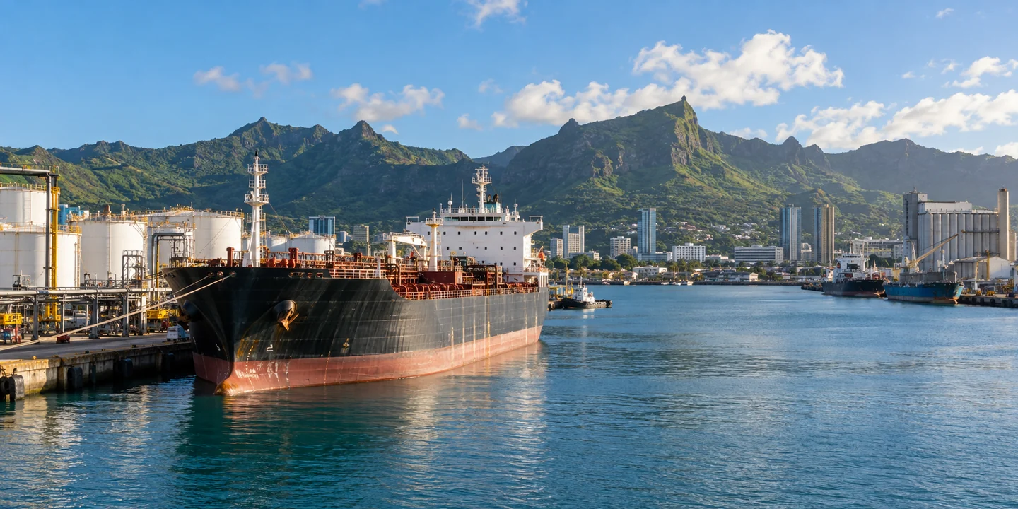 Tanker moored at a quay with fuel tanks and green mountains behind