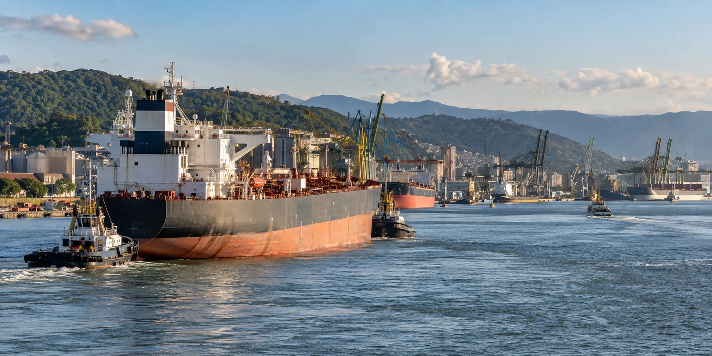 Tanker guided by small craft in a harbor below wooded hills and cranes