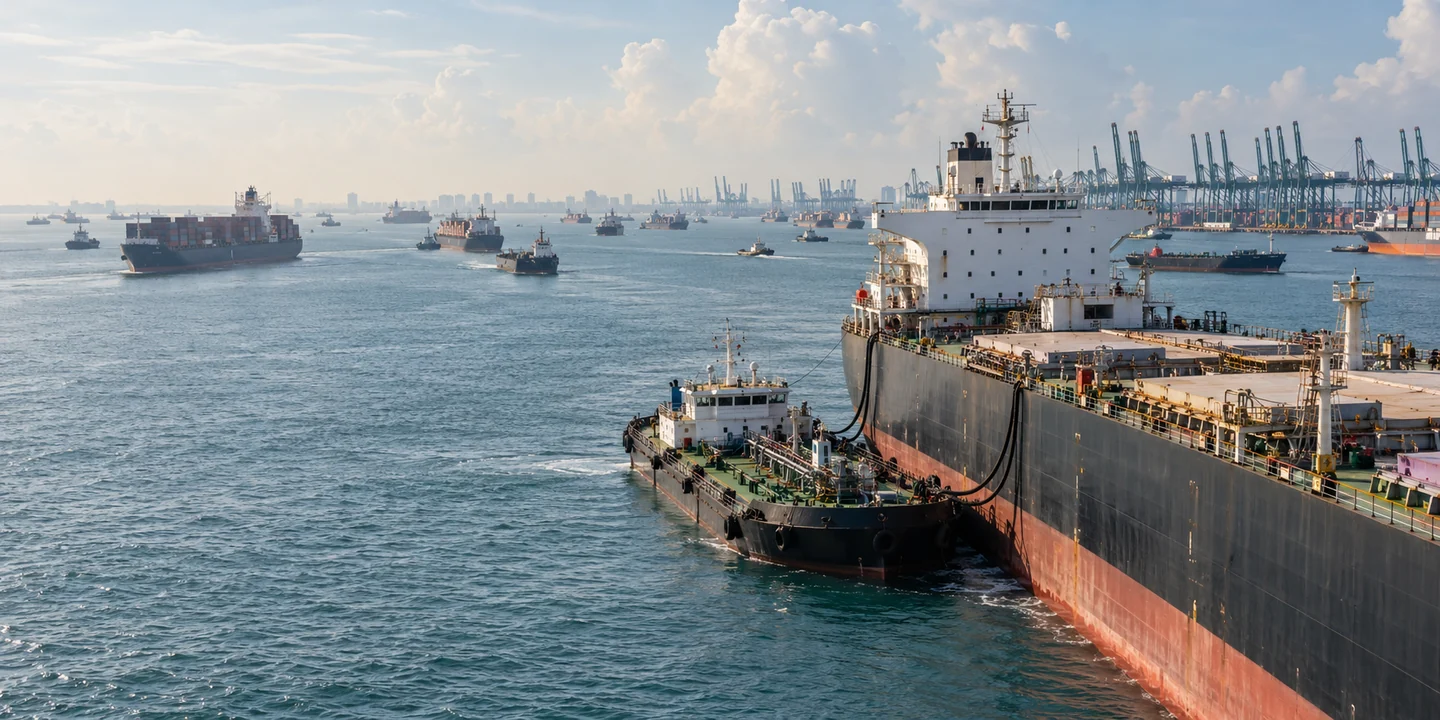 Bunker barge beside a ship, with crowded shipping lanes and container cranes beyond