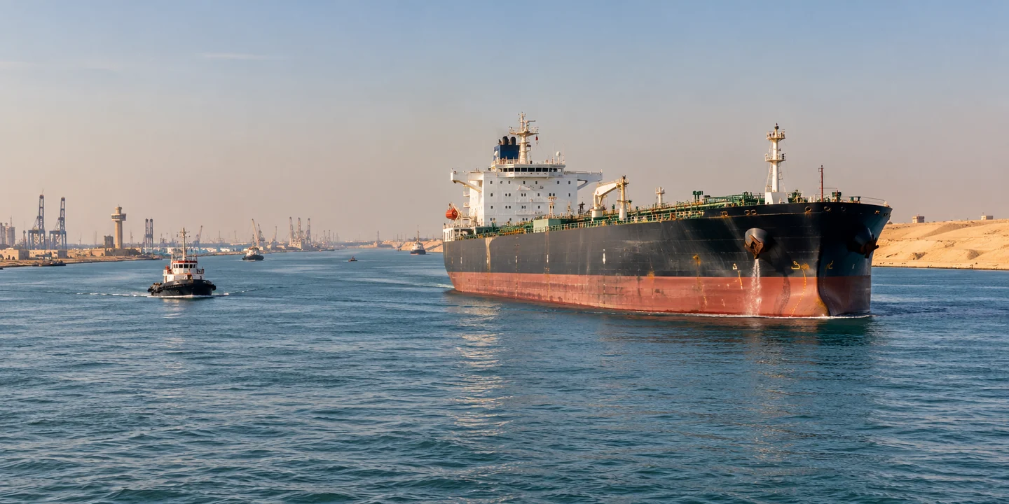 Tanker passing a sandy shore with industrial stacks and a small service boat