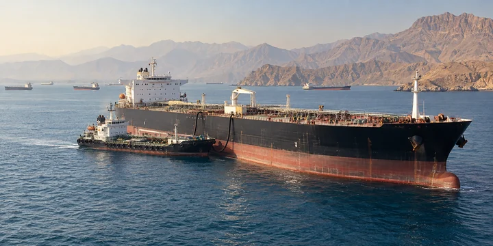 Bunker barge alongside a tanker at anchor beneath arid mountains