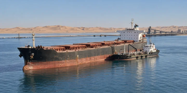 Bulk carrier with a service vessel alongside in calm water below desert dunes